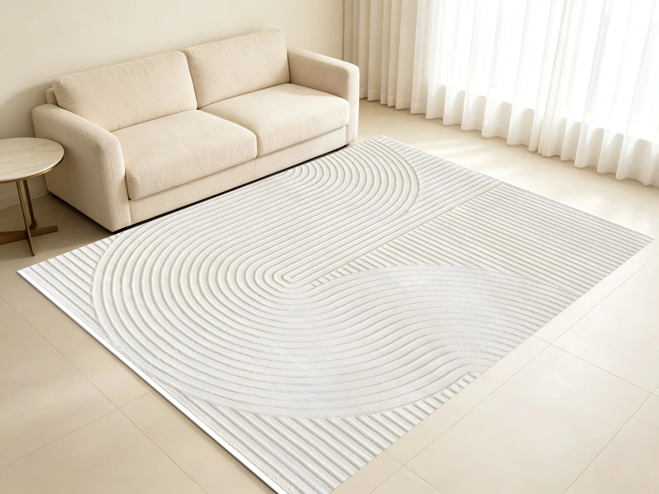 Velvet Rug Creamy White Geometric Curved Line Minimalist Wabi Sabi Style for Living Room Bedroom Decor
