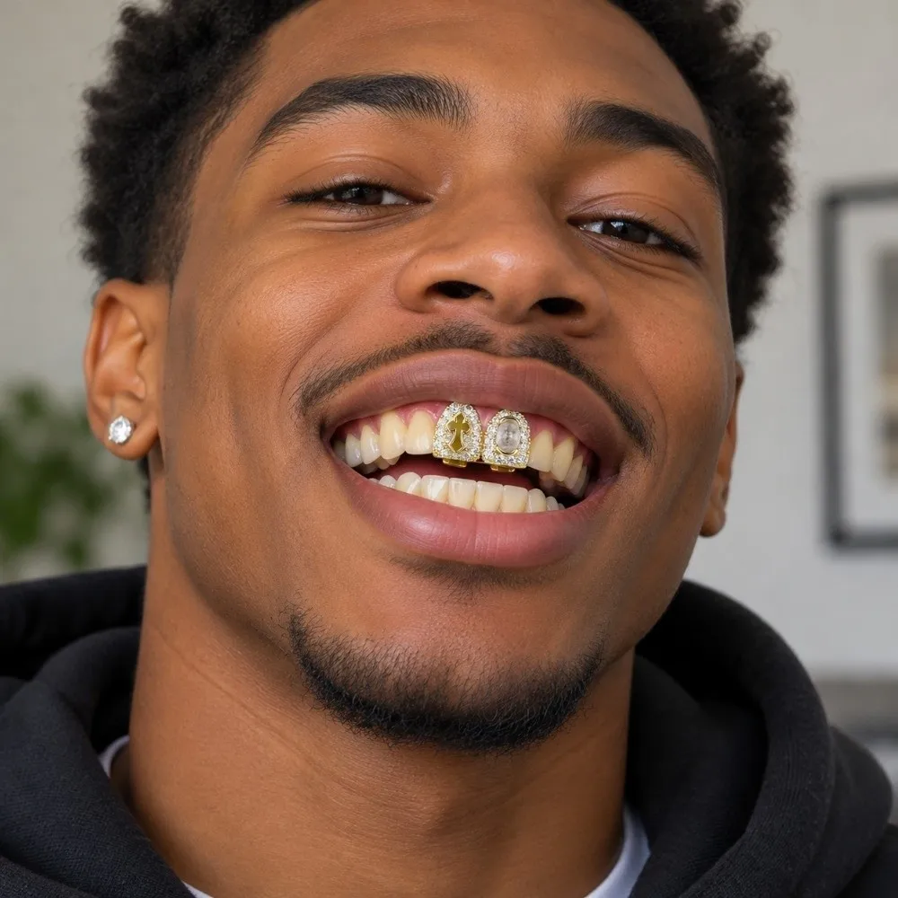 Unisex Double Teeth Hip Hop Copper Grillz Hollow Zircon Stone Tooth Caps Unique Oval Cross Grillz Concerts