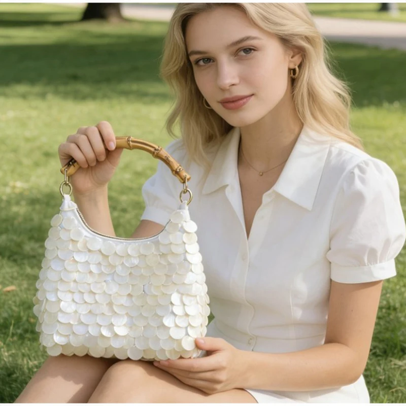 

Boho Handmade Seashell Bamboo Tote Bag Handbag Summer Resort Beach Rattan Purse Casual Vintage Holiday Elegant Wedding Evening