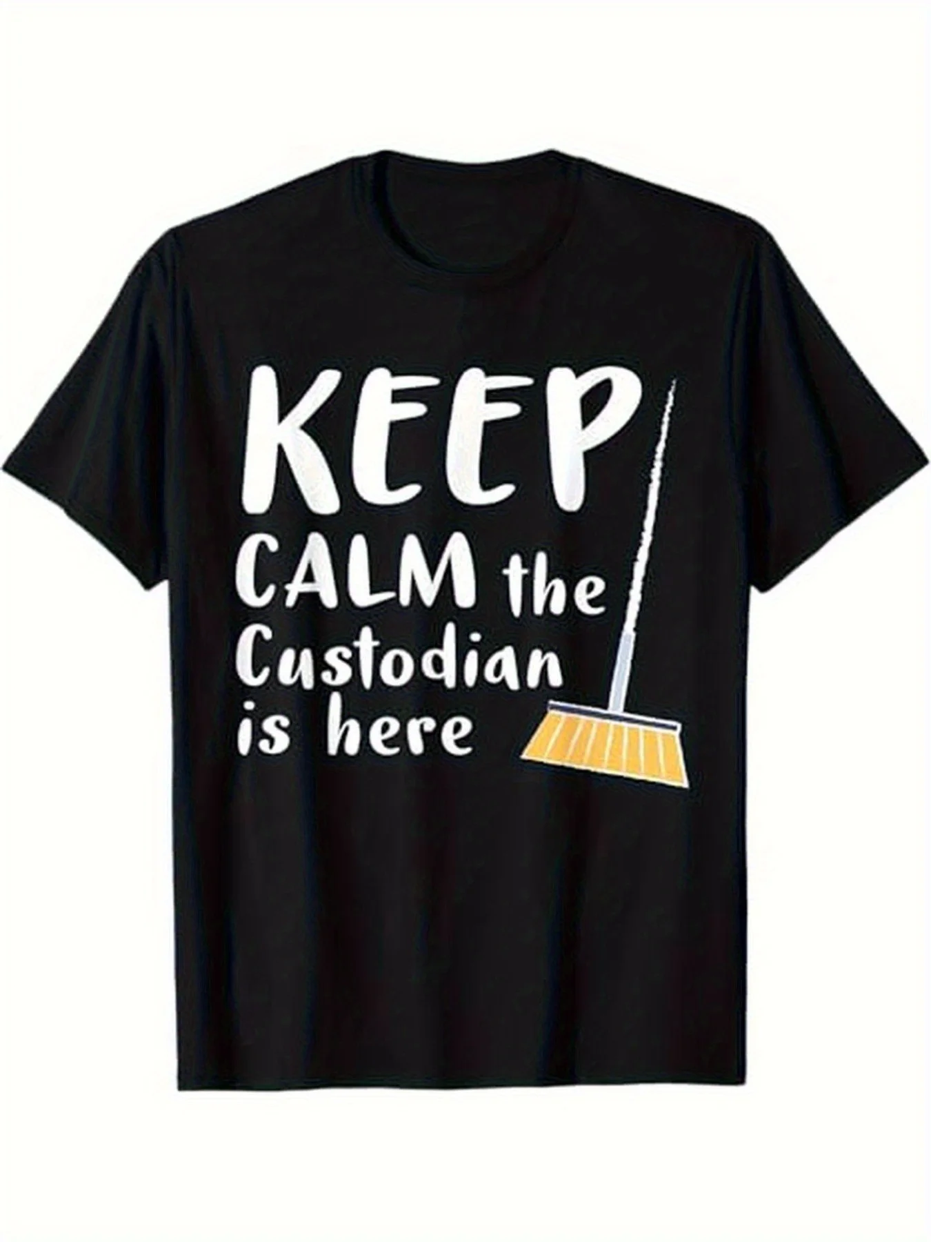

Keep Calm, the Custodian is Here" - Black Cotton T-Shirt with Yellow Mop Graphic, Perfect for Halloween, Thanksgiving, Christmas