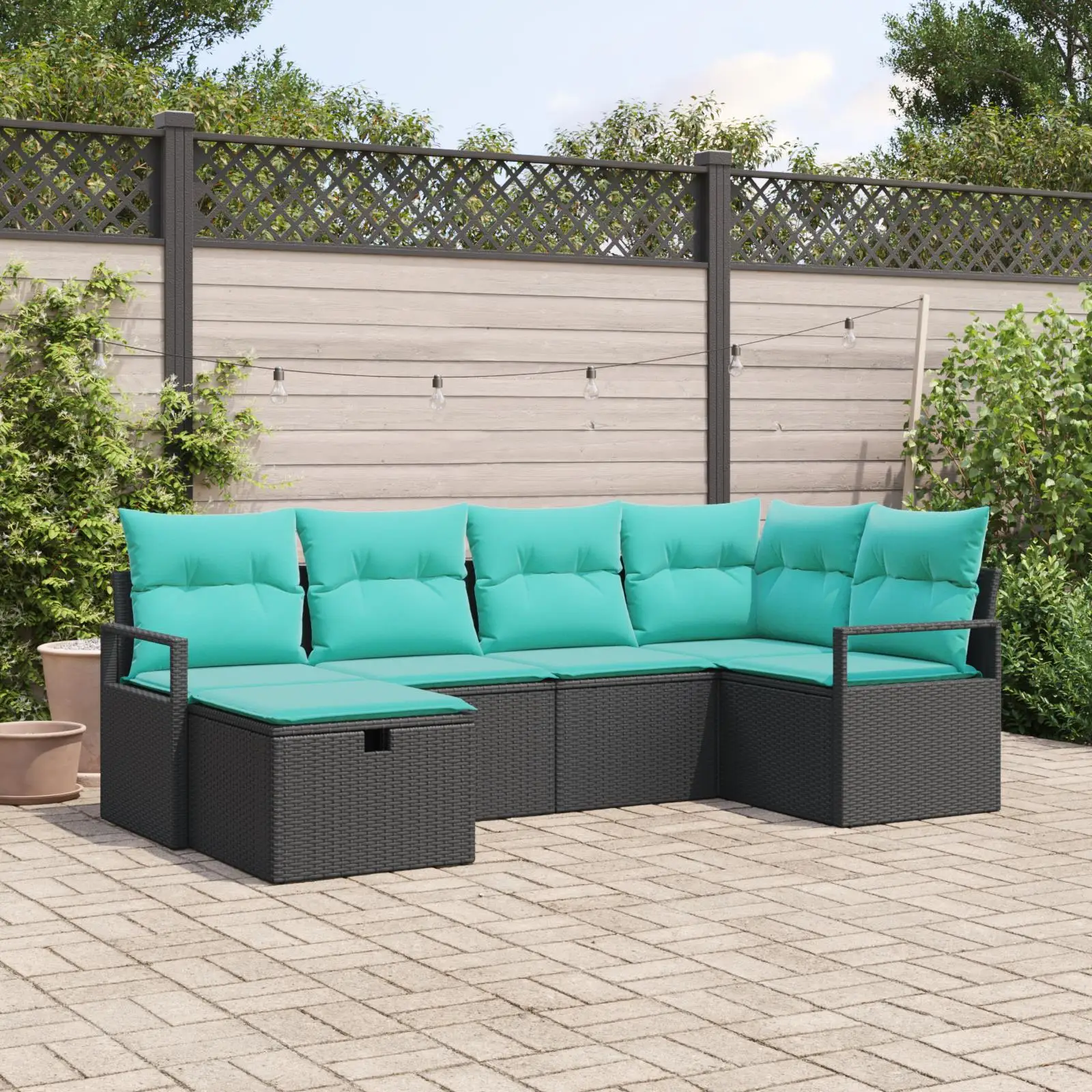 

Elegant 6 Piece Black Poly Rattan Garden Sofa Set with Cushions Outdoor Furniture Comfort