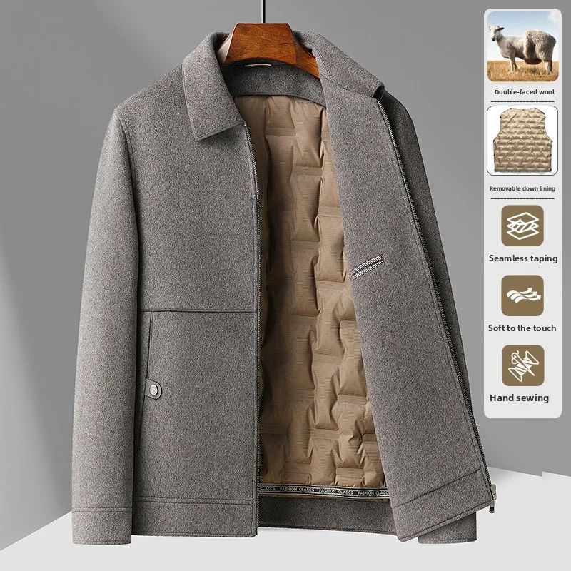 

2025 Autumn/Winter New Men's Woolen Coat with Double sided Intimate Down Inner Tank Thickened and Warm 70% Wool Fabric