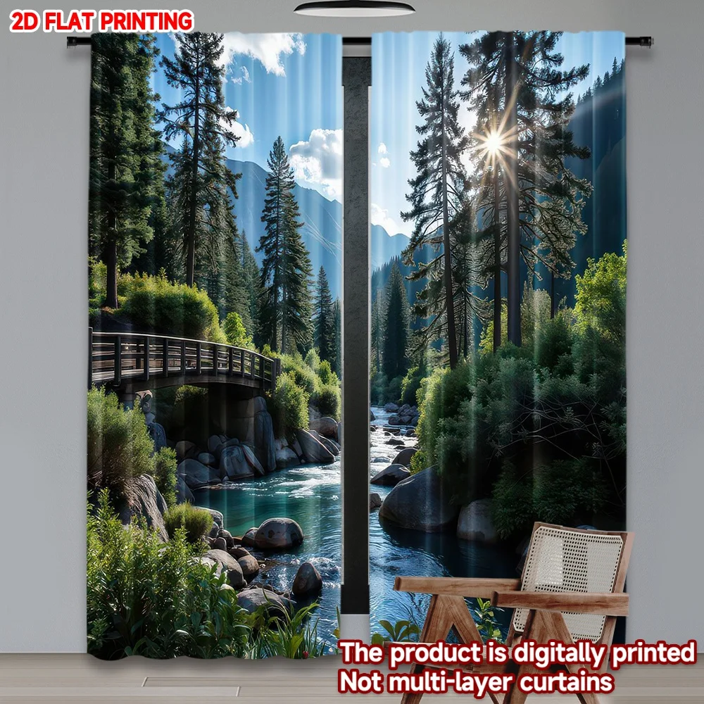 2D flat printing 2pcs Party Window Curtains Sunlit Mountain Stream Digital Printed Polyester Drapes Festive Holiday for Photo
