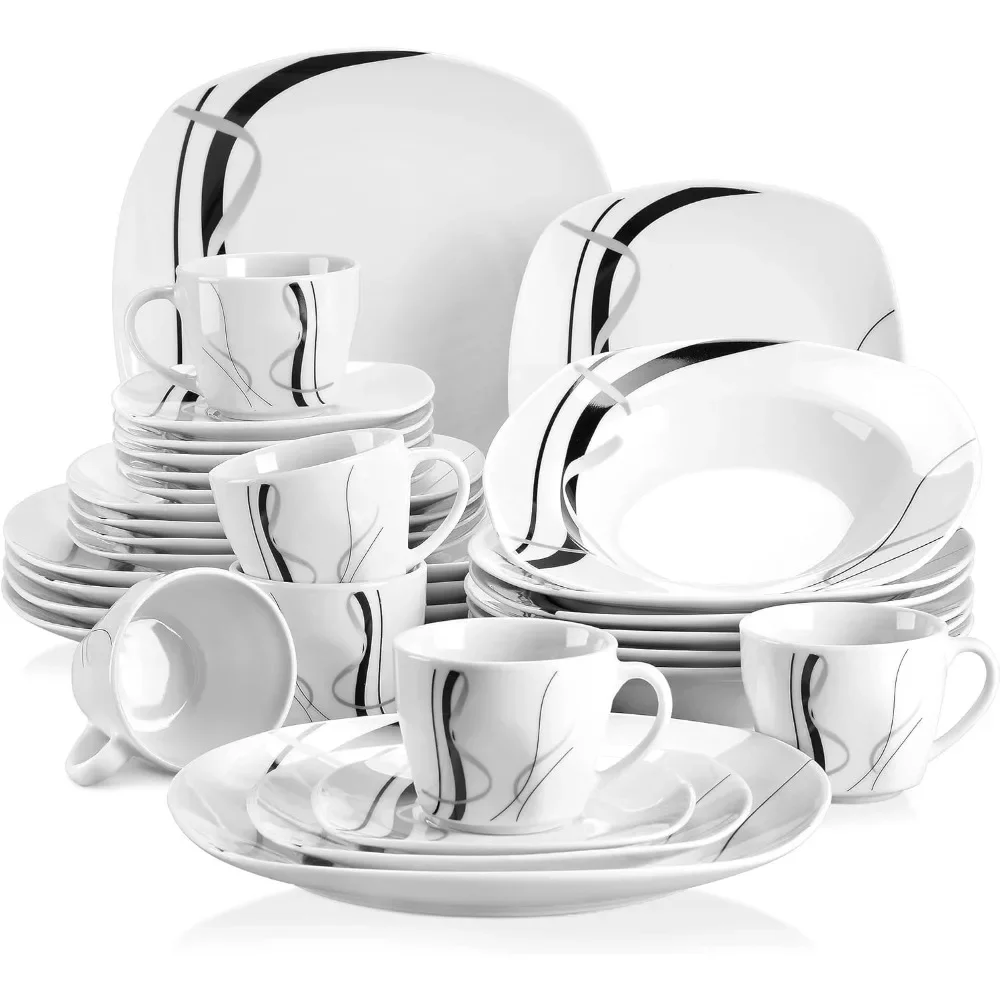 

30-Piece Dinnerware Sets for 6, Porcelain Dinner Set Including Dessert Plates, Soup Plates, Dinner Plates, Cups & Saucers