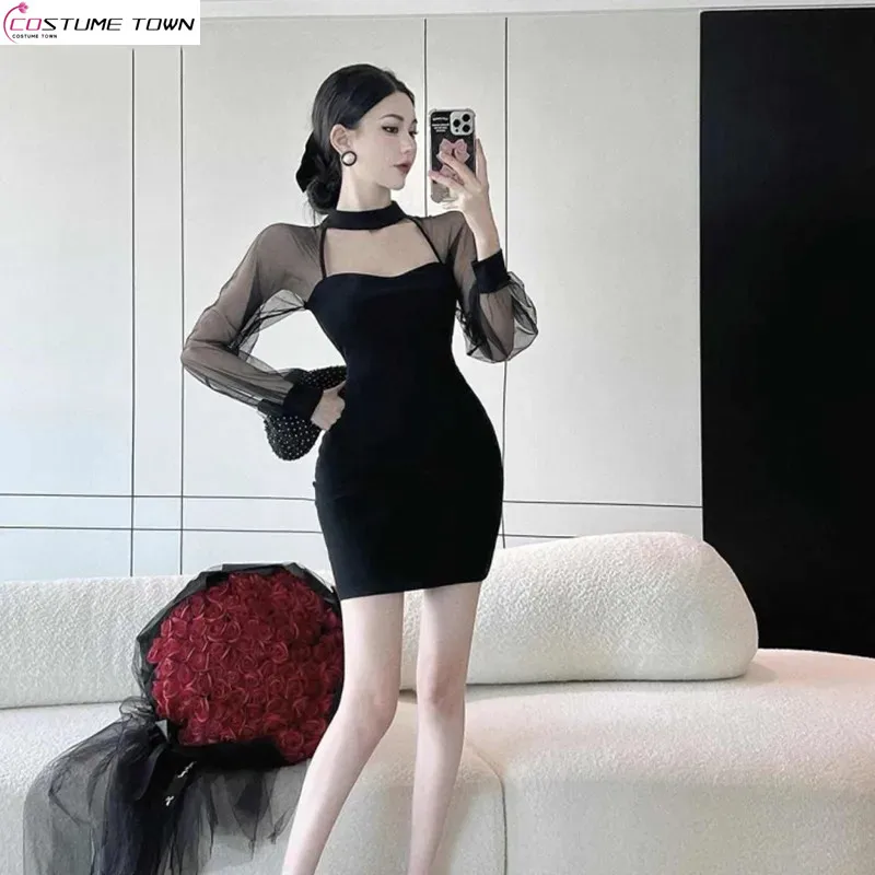 

2024 Autumn New Style Sexy Mesh Splicing Dress Women's Waist Closing Slim Fit Style Wrapped Hip Skirt Trend