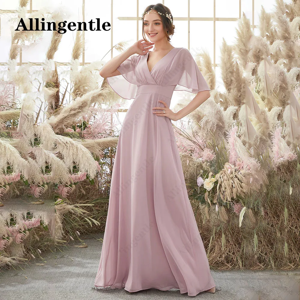 Allingentle vestidos de dama de honor de gasa con cuello en V, mangas con volantes para boda, vestido Maxi elegante de línea a, vestido Formal de noche personalizado