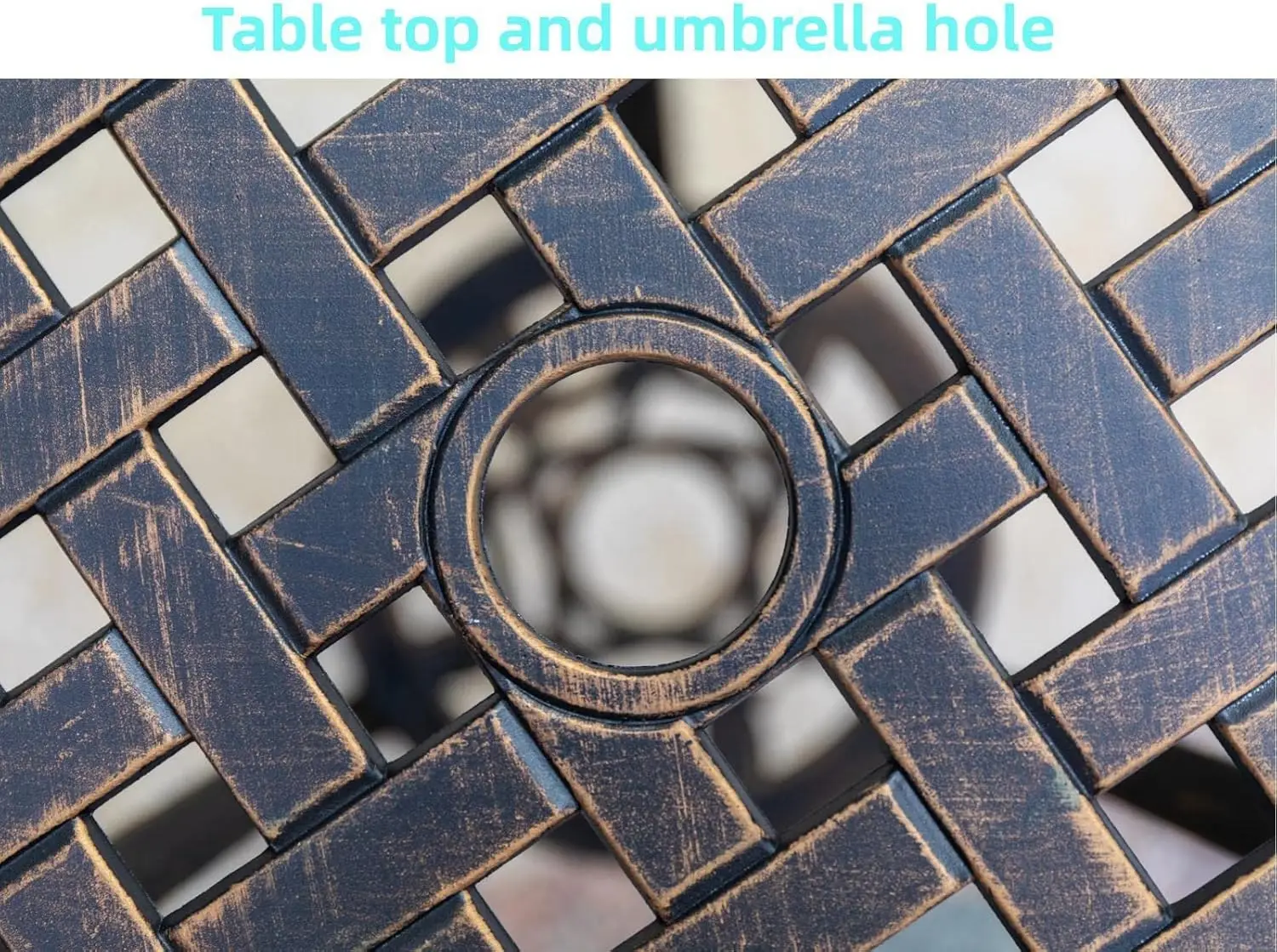 Bronze rust-resistant cast aluminum 3-piece outdoor bistro set with round table equipped with umbrella hole, sturdy metal furniture for patio, balcony and private yard leisure use view 2