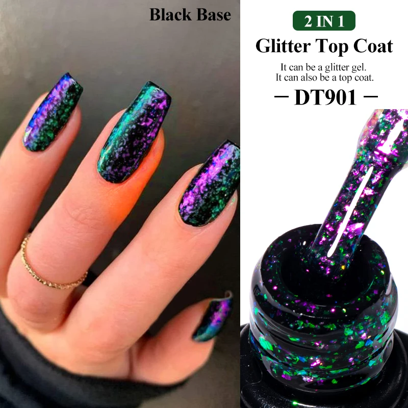 MEET ACROSS 7ml Glitter Top Coat Gel Nail Polish Brocade Powder 2 In 1 Chameleon Nail Art Gel Varnish Manicure For Nails