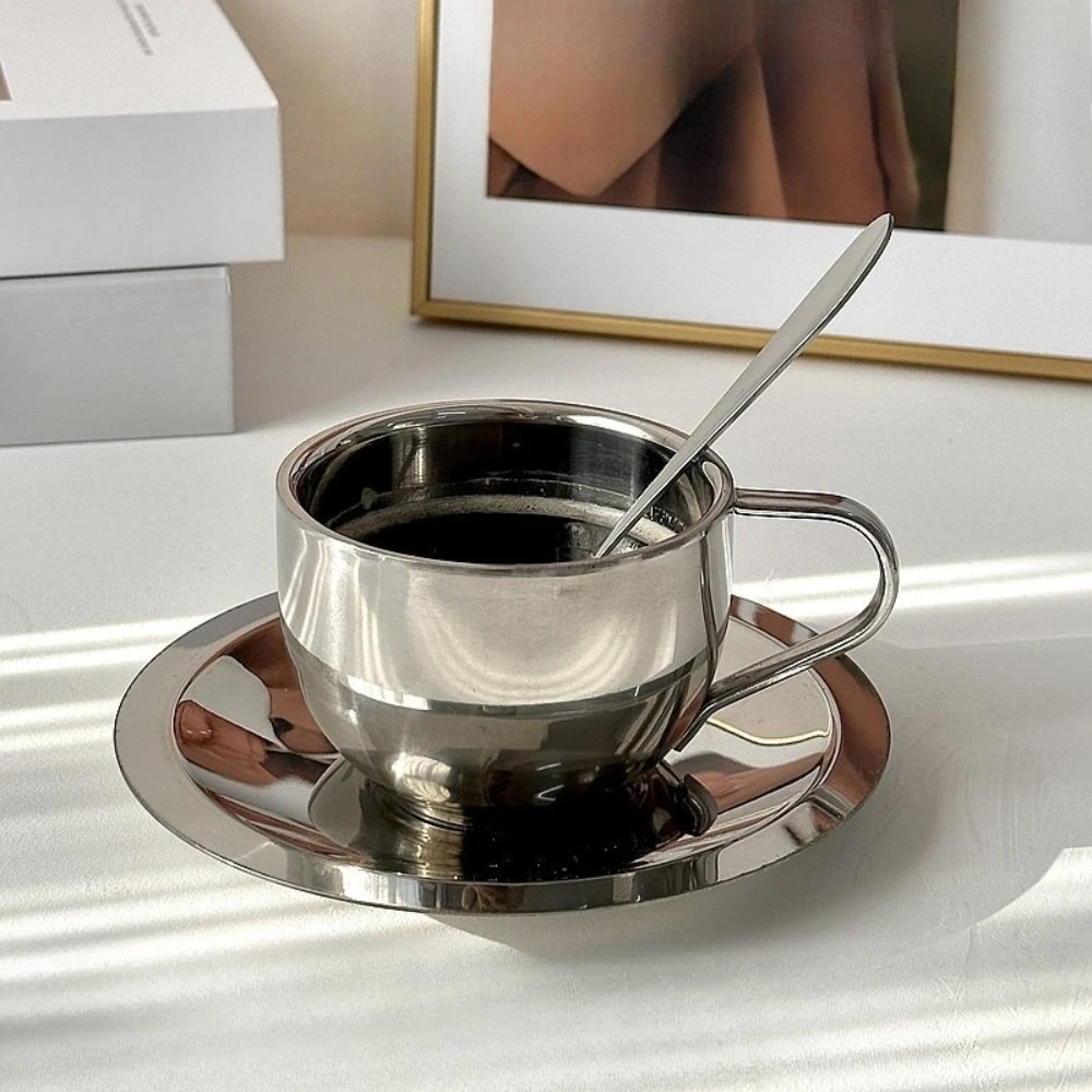 1 مجموعة فنجان القهوة الأوروبي الفولاذ المقاوم للصدأ فنجان القهوة كوب شاي بعد الظهر مع ملعقة صحن لملحقات المطبخ مقهى