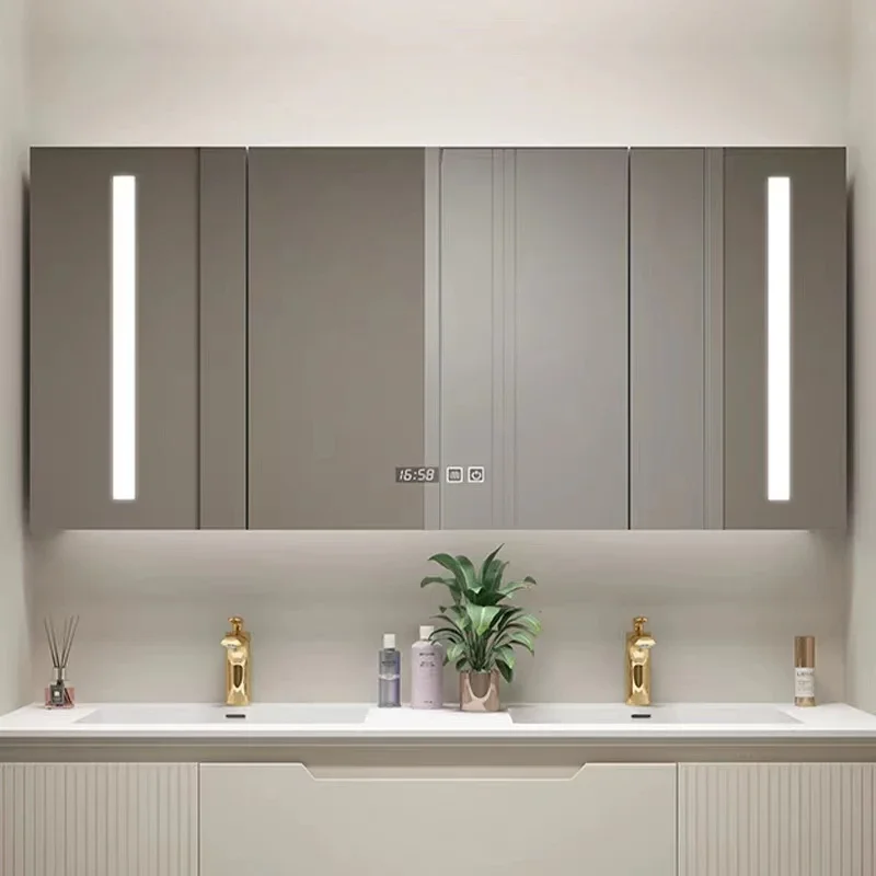 

Modern Luxury Oversized Smart Bathroom Mirror Cabinet Wall-mounted Fog Removal Storage Solid Wood Shelf Bathroom Furniture FYBC