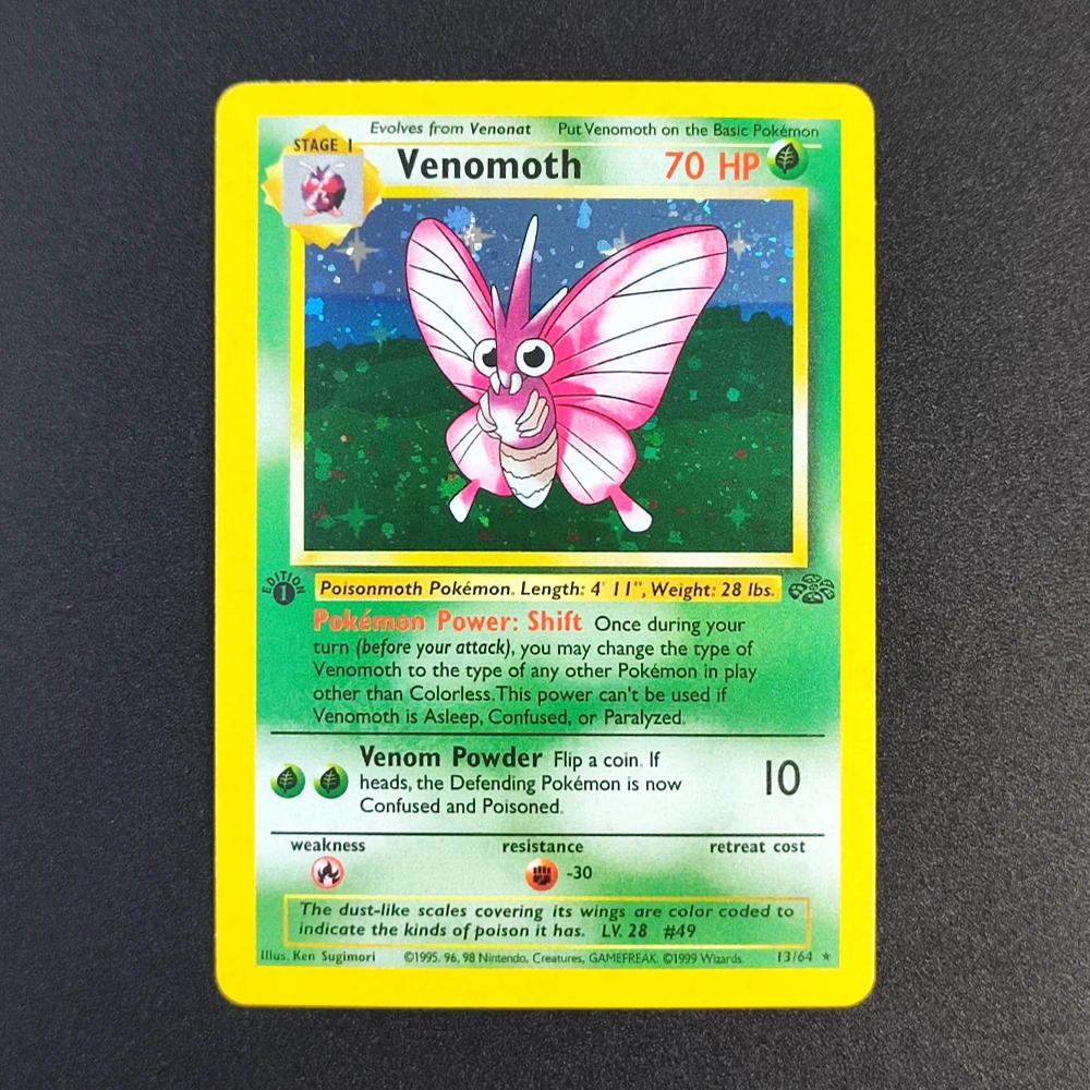 Proxy Pokemon Card EN Gym Challenge 1st Venomoth 13/64 Super Rare Collectibles Card Single Classic Anime Cards Toys