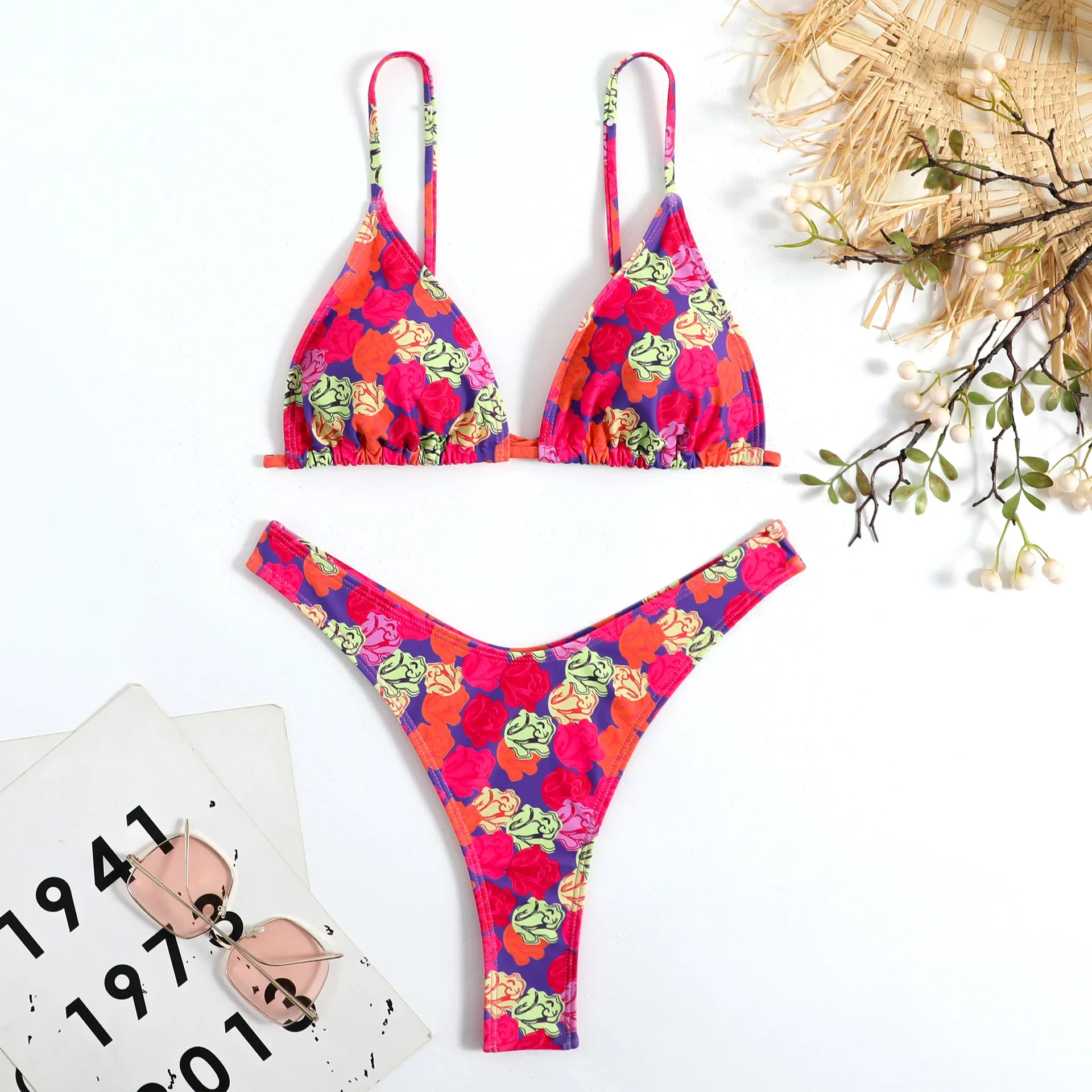 Seksowny kwiatowy nadruk mikro mini bikini w kształcie litery V stringi trójkątne stroje kąpielowe stringi strój kąpielowy kobiety biquini bikini set kostiumy kąpielowe