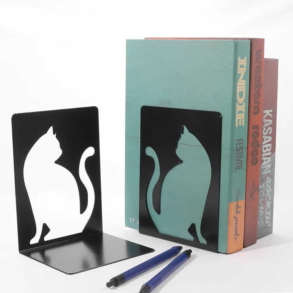 2PCS Black Cat Bookend Metal Trim Holders Plug Reading Organizer Decorative Iron Shaped Exquisite Office File Stands Bookends