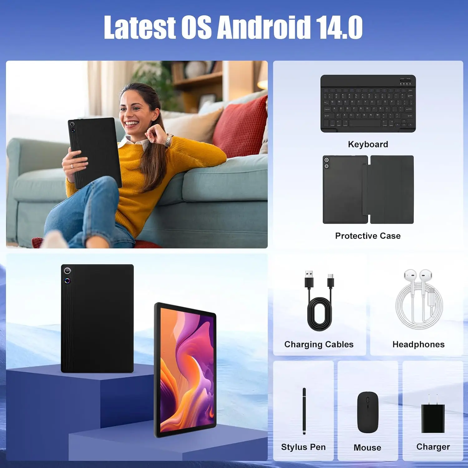 URAO 11Inch Tablet Android 14GB(3+11)RAM 64GB ROM IPS 6800mAh Battery with Keyboard Protective Case Mouse Stylus 8in1 Tablet Kit