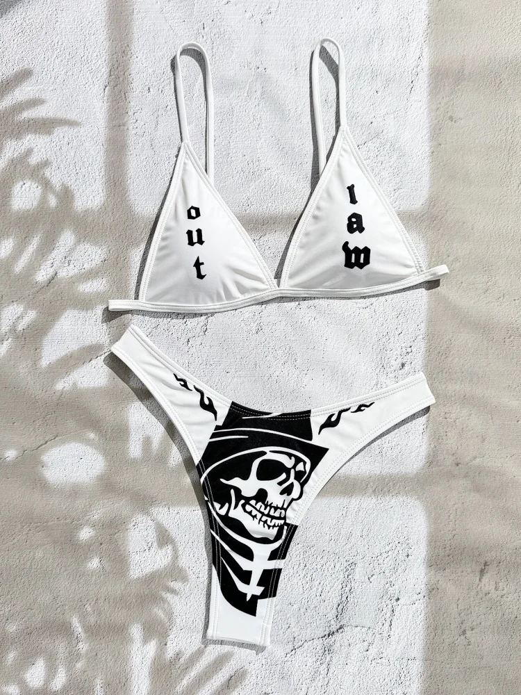 

Женский купальник-бикини 2026: Новинка, с принтом букв и скелета, на бретельках, сексуальный комплект с трусиками-стрингами, летний пляжный купальник из двух частей для женщин