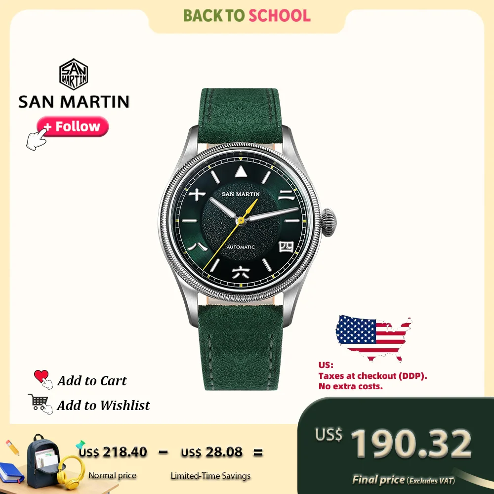 

San Martin 39.5mm Simple Pilot Vintage Style Original Design YN55 Automatic Mechanical Watches for men Sapphire 10Bar SN0033