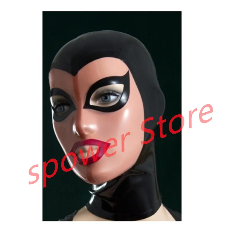 

Natural Latex Full Head Latex Hoods Rubber Mask Fetish Cosplay Costumes Black with Flesh Back Zip Club Wear