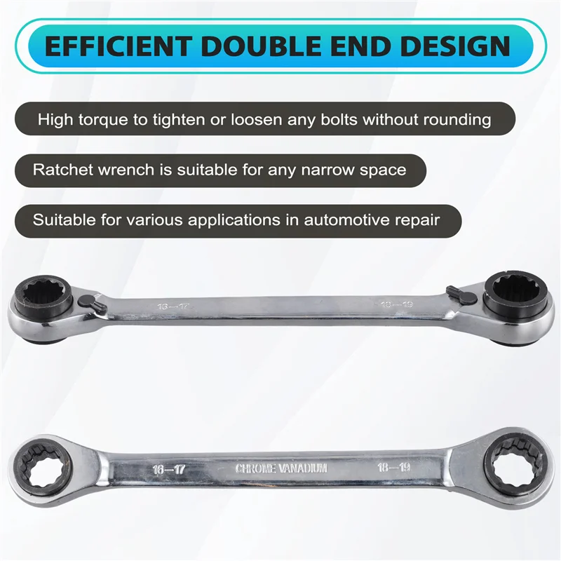 

B03C-Трапочный ключ Двусторонний ключ с храповым механизмом Четырехцелевой ключ с храповым механизмом Многоцелевой ключ для авторемонта 16*17-18*19 мм