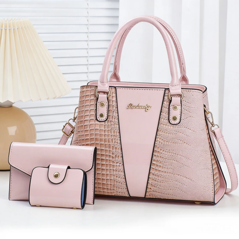 3-piece women's bag set with crocodile grain, high-end premium glossy leather women's handbags, elegant and versatile tote bags
