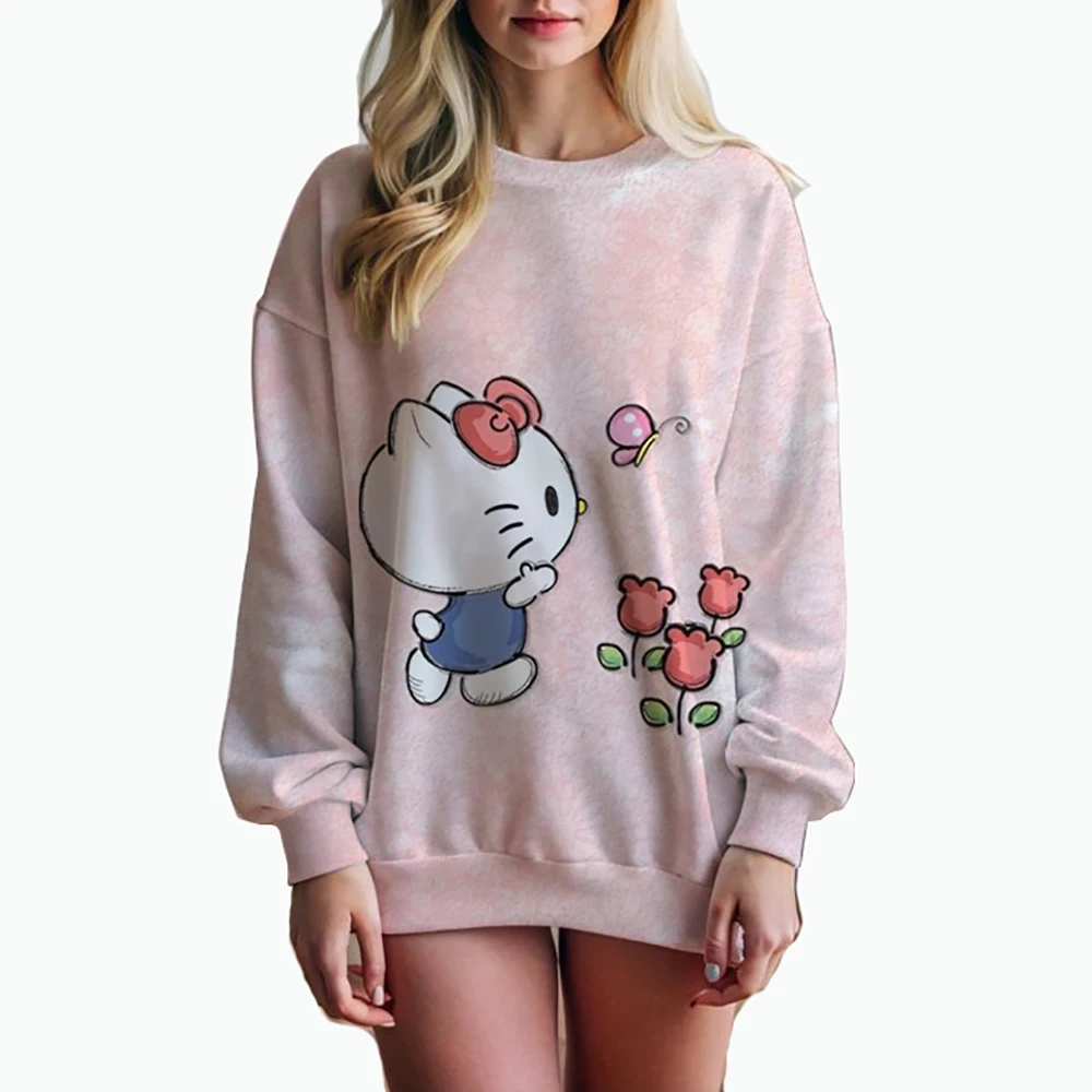 O Neck Hello Kitty Women\'s Long Sleeve Sweatshirts Autumn Lovely 2024 Leisure 3D Print Pullovers S-3XL Youthful Woman Clothes