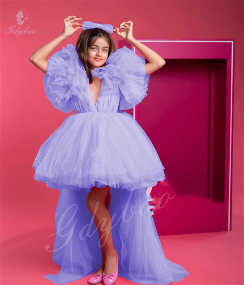 Roze asymmetrische lengte bloemenmeisjesjurk met pofmouwen voor eerste communiefeest voor kinderen, aanpasbaar, aanpasbaar