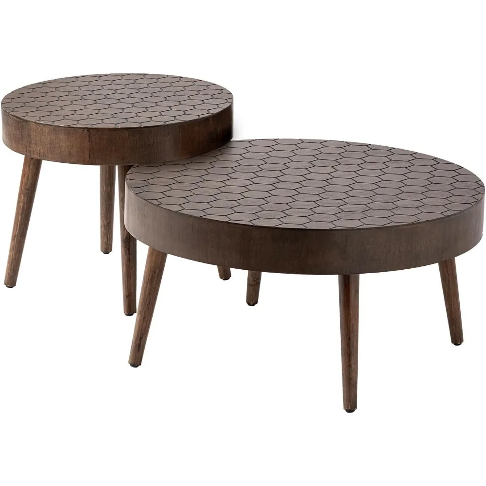 Round Coffee Table Set of 2, Nesting Tables with Honeycomb Pattern, Modern End Table for Living Room