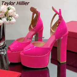 Rose Red Patent Leather Shiny Water Table High Heels Round Toe Thick Heel Buckle Strap Sandals Banquet Party Dress Wedding Shoes