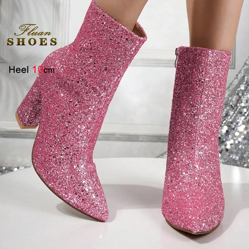 

Fashion New Autumn Winter Women Short Boots Sweet Sequin Side Zipper Ankle Ankle Super High Heels Coarse Heel Party Show Shoes