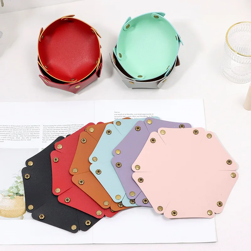 Button Type Folding Round Storage Box, Jewelry Leather Tray, Cosmetics and Key Storage Tray, Korean Version