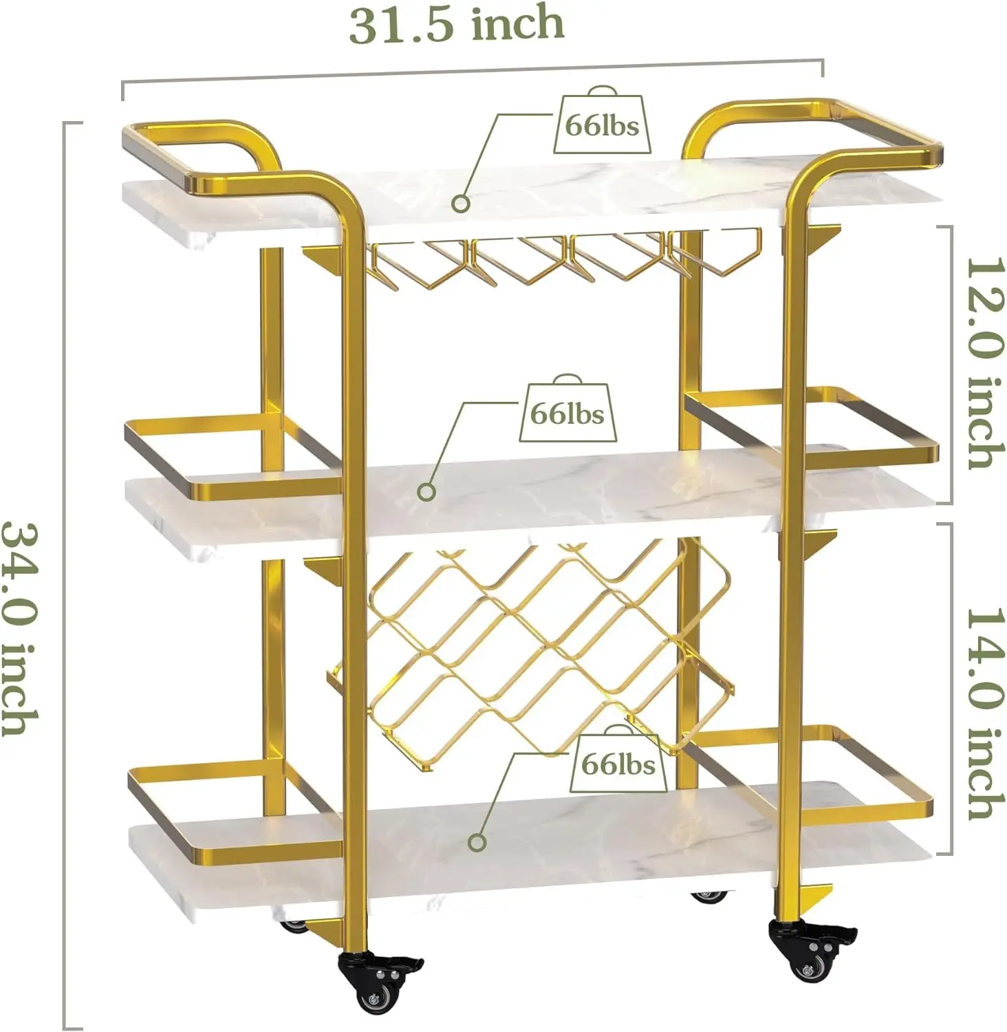 3-Tier Bar Cart  Shelves w/ 8 Wine Racks & 4 Rows of Glass Holders, White Beverage Cocktail Shelves Cart w/ 4 Lockable Wheels