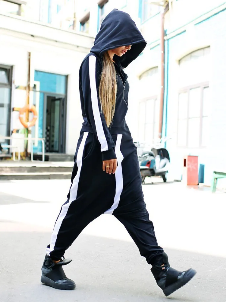 Mono de moda para mujer, holgado, con contraste de color, deportivo, con cremallera, capucha y mangas largas.