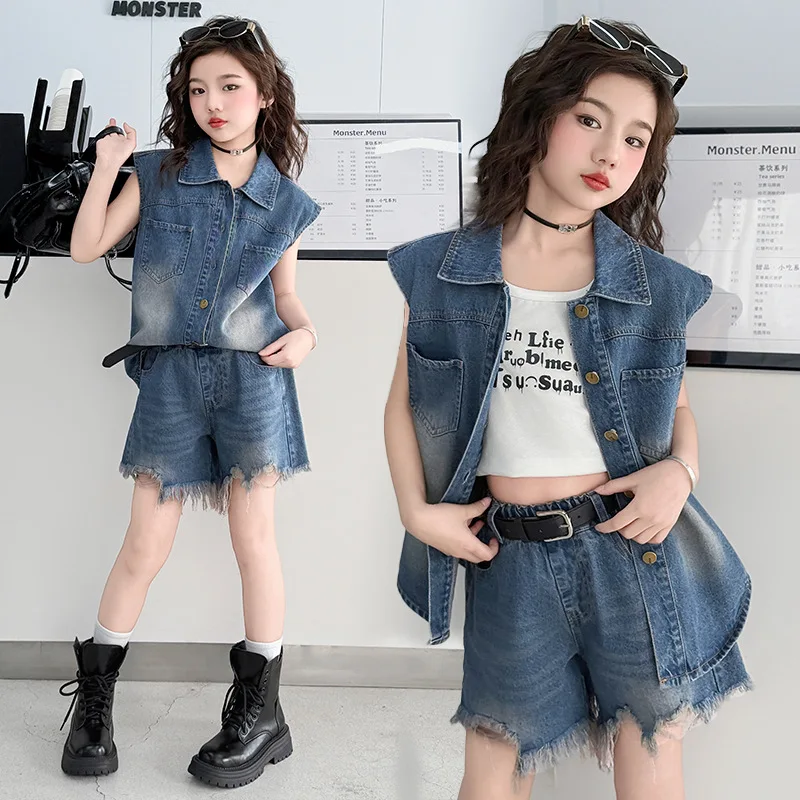 Summer New Teenager Girls Clothes Set Junior Kid Outfits Child Vest Jacket+Fringed Denim Shorts+Belt 3pcs Suit 4 6 8 10 12 14Y