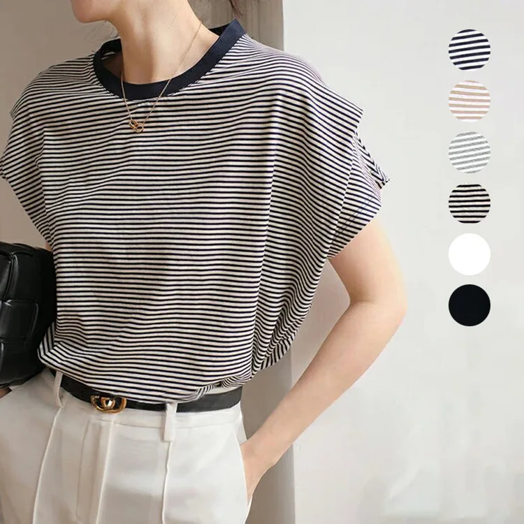 New 8 Color Summer Striped T-Shirt Women's Cotton Loose Bat Sleeve Knitted Women's Top Foreign Trade