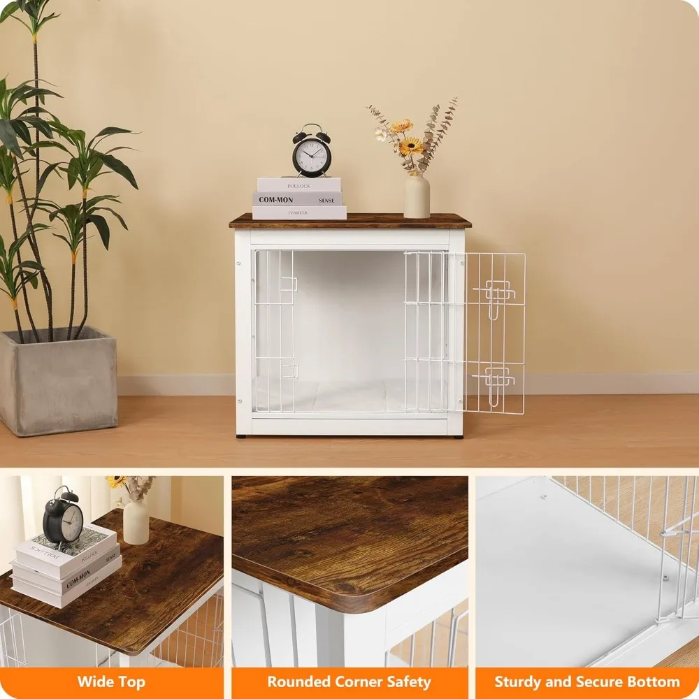 Móveis de madeira para cães com almofada, canil interno de porta dupla, adequado para cães pequenos a grandes, 27,2 polegadas