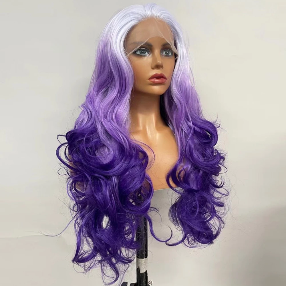 Peruca dianteira de renda sintética para mulheres, cabelo longo, ondulado, roxo, diário, cosplay, anime, fibra de alta temperatura, avaria, livre