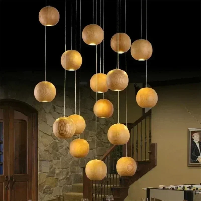 Designer's Solid Wood Pendant Light Creative Art Kitchen Restaurant Hanging Lamp New Chinese Hotel Wooden Ball Bar LED Lighting