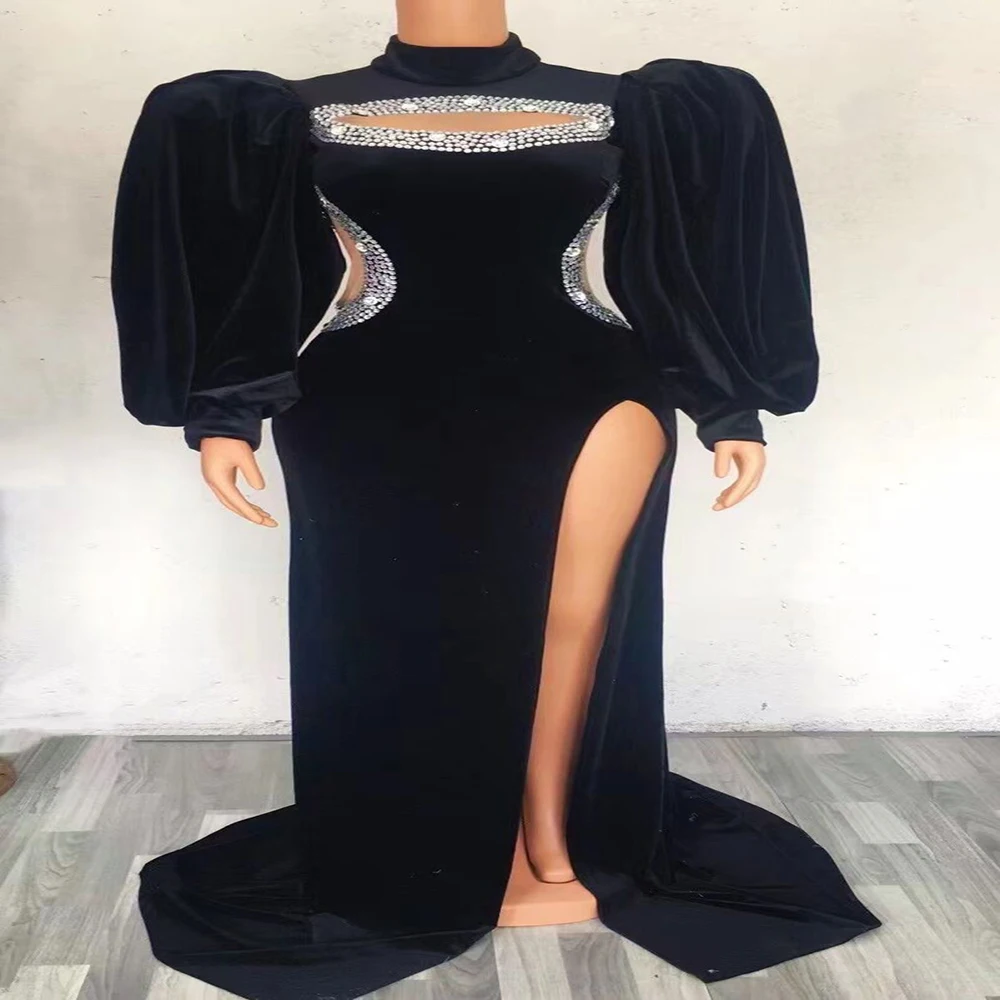 

Black Velvet Long Train Dress Birthday Party Show Wear Women Luxury Dubai Dancer Show Club Dresses