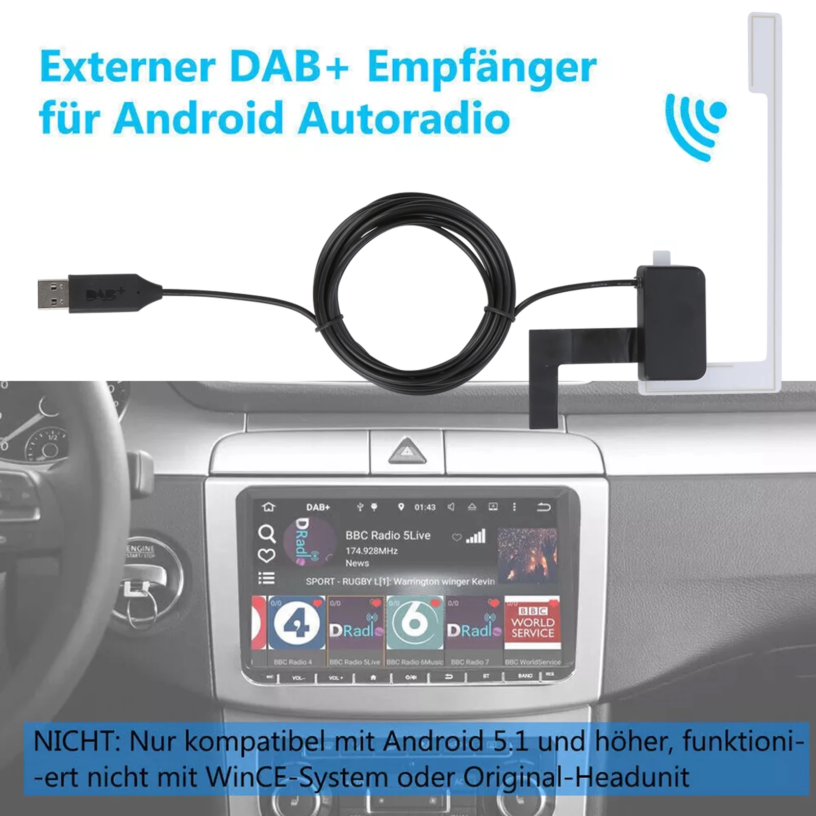 Immagine 4: ESSGOO Adattatore USB Android DAB+ per Autoradio Sintonizzatore Digitale Ricevitore Scatola Audio Antenna per Unità Principale Autoradio Android