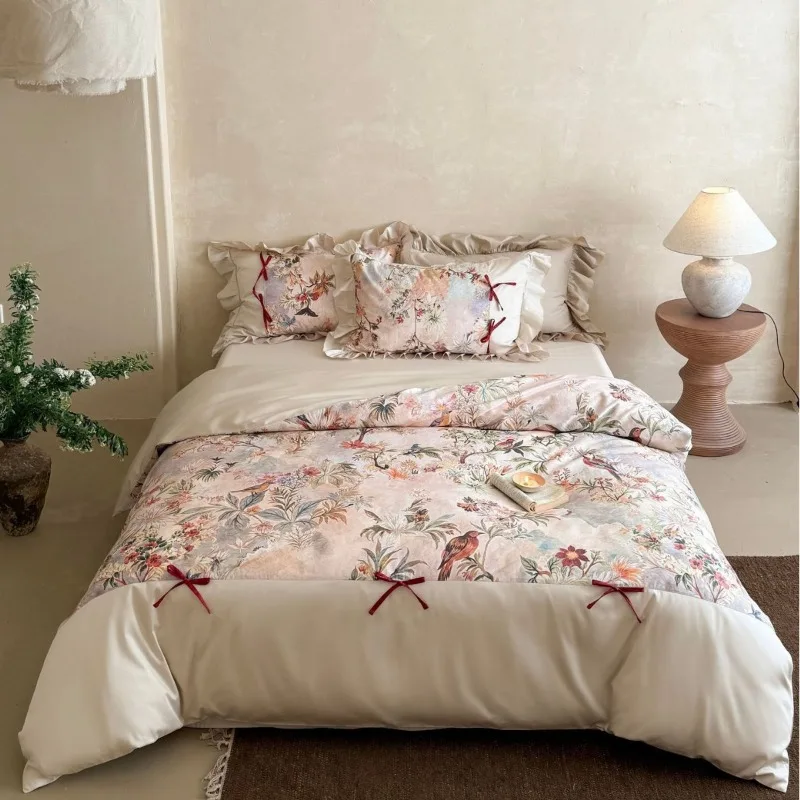 French Romantic Style Elegant Cotton and Linen Four-piece Set Quilt Cover Flat/Fitted Sheet Pillowcase Girl Heart Bedding Set