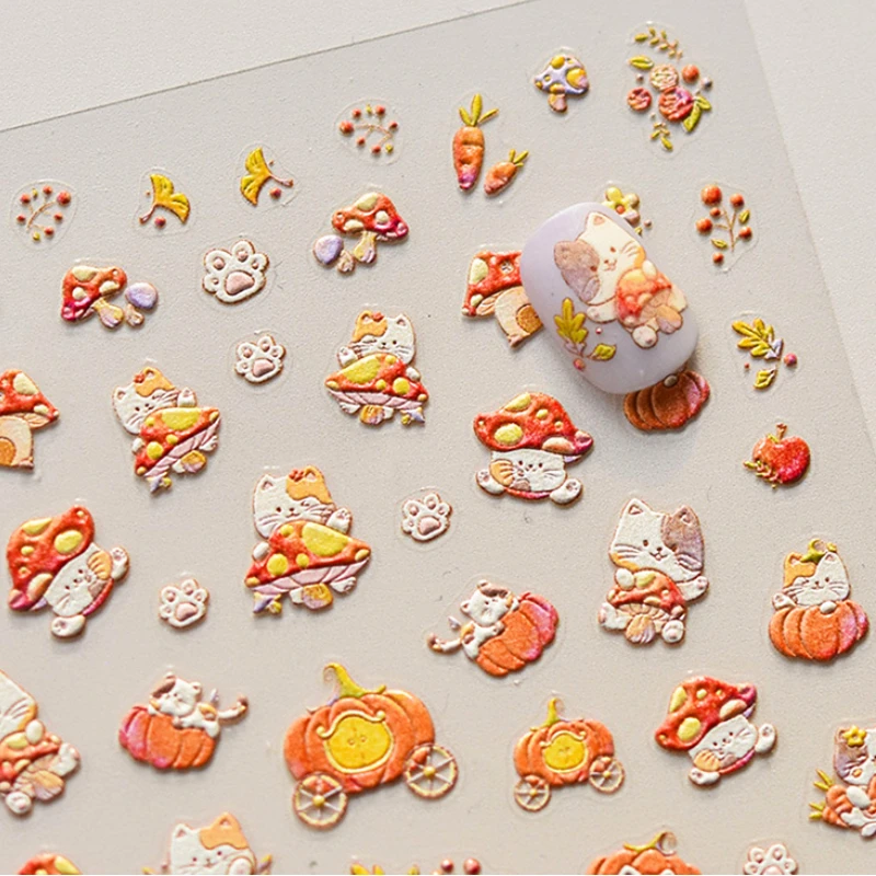 Lovely Kitty Pumpkin Cart Mushroom Hedgehogs Squirrels Dessert Dog Cat Soft Embossed Relief Nail Art Stickers 3D Manicure Decals