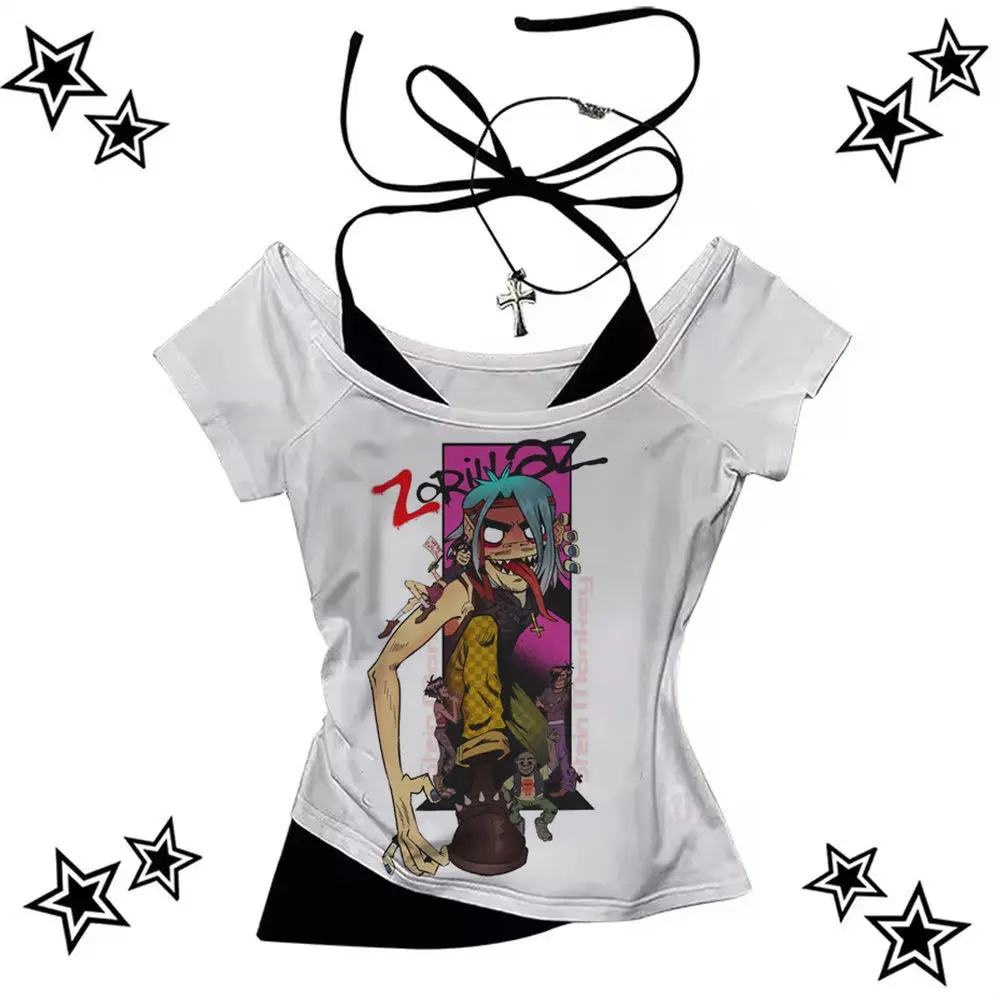 Gorillaz top tees girl Pastel harajuku  Y2k Trendy Classic University t shirt 2000s Colorful Y2k Classic Pastel