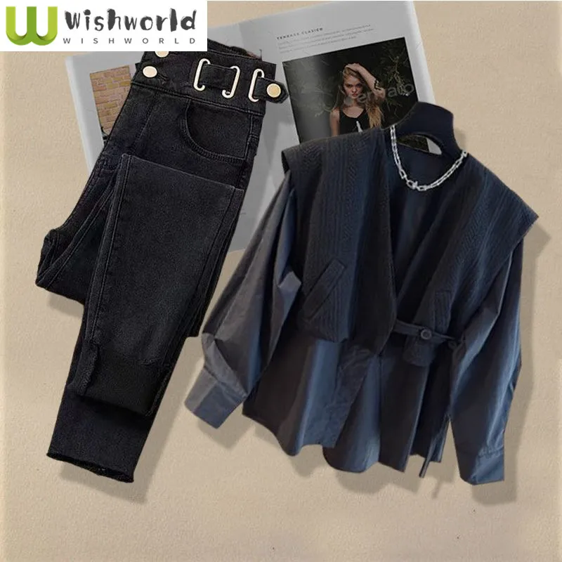 Frühling und Herbst Mode Damen Set neue gefälschte zweiteilige koreanische Edition Shirt Damen Look dünne vielseitige Jeans zweiteiliges Set