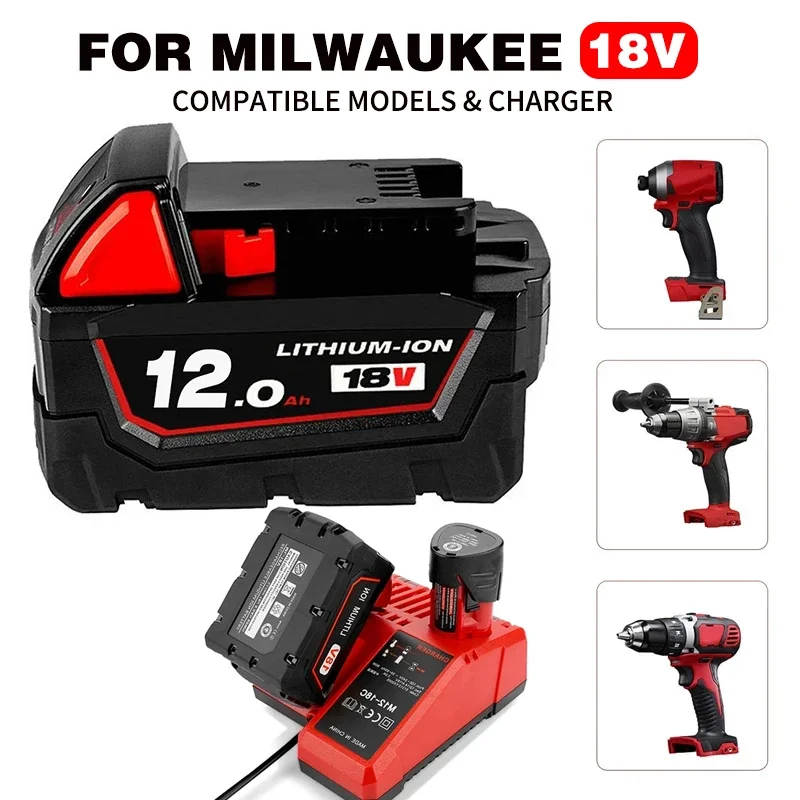 

For Milwaukee M18 Battery 18V 12.0Ah Replacement Lithium Battery for Milwaukee M18 48-11-1815 48-11-1850 2604-22 Battery