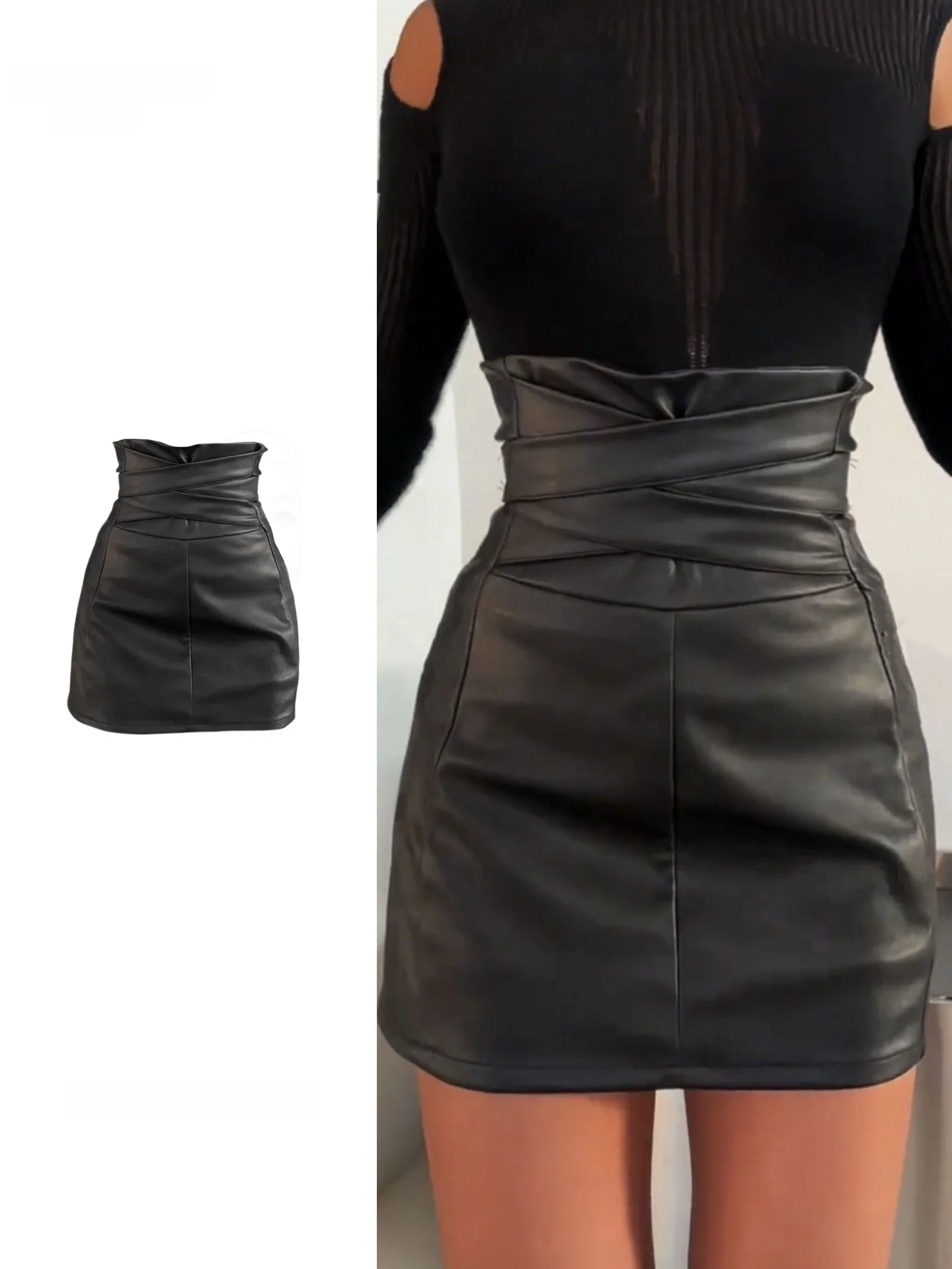 High Waist Black A-Line  Skirt Women's Spring Autumn New Style Elegant Pure Desire Fitted Leather Skirts Bodycon Dress