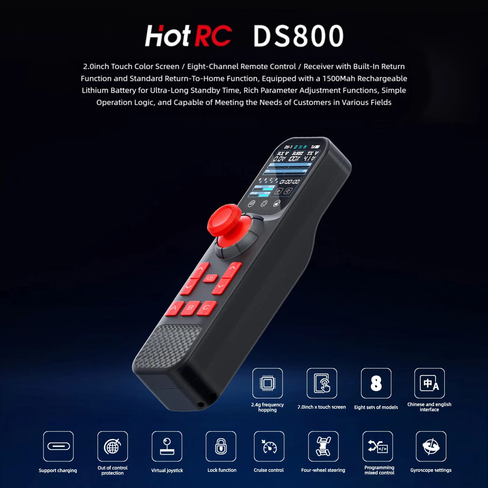 HOTRC DS800 Remote Controller 8-Channels System Transmitter With Touch Color Screen For Rc Vehicle Rc Boat