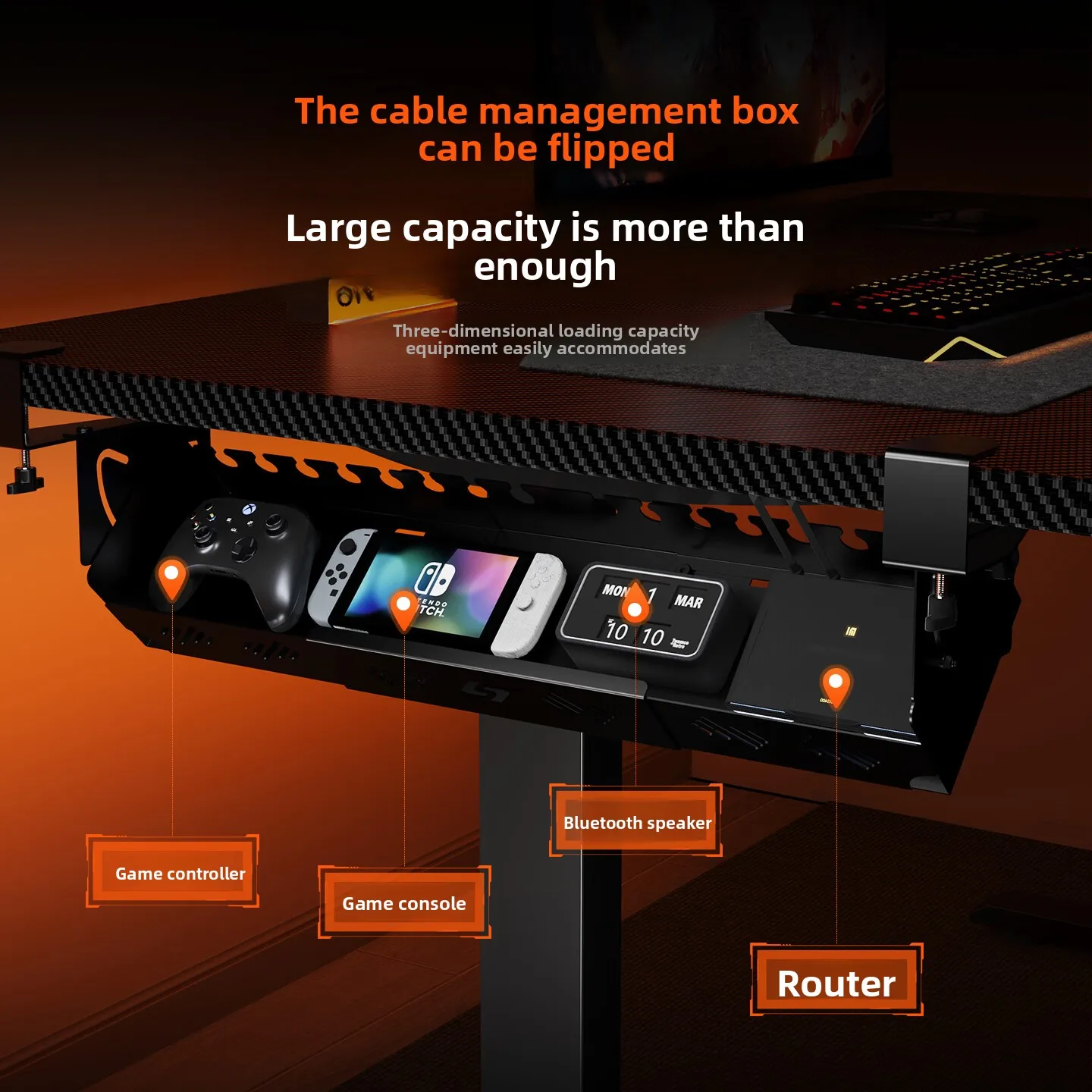 Under Desk Cable Tray Flip Up Extendable Power Strip Rack Black Heavy Duty Wire Storage for Standing Desks and Workstations