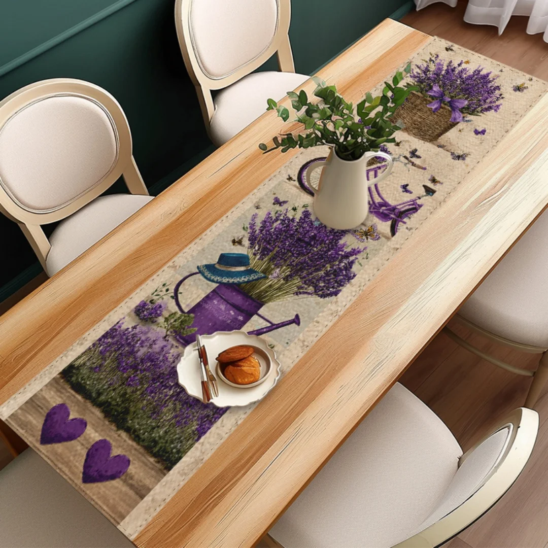 1pc Vintage Lavender Bicycle Butterfly Print Table Runner Ideal for Dining Table Sideboard Cabinet and Living Room Home Decor