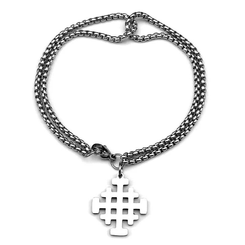Goth Jerusalem Cross Bracelet for Women Men Stainless Steel Hip Hop Crusader Cross Silver Color Double-layer Hand Chain Jewelry