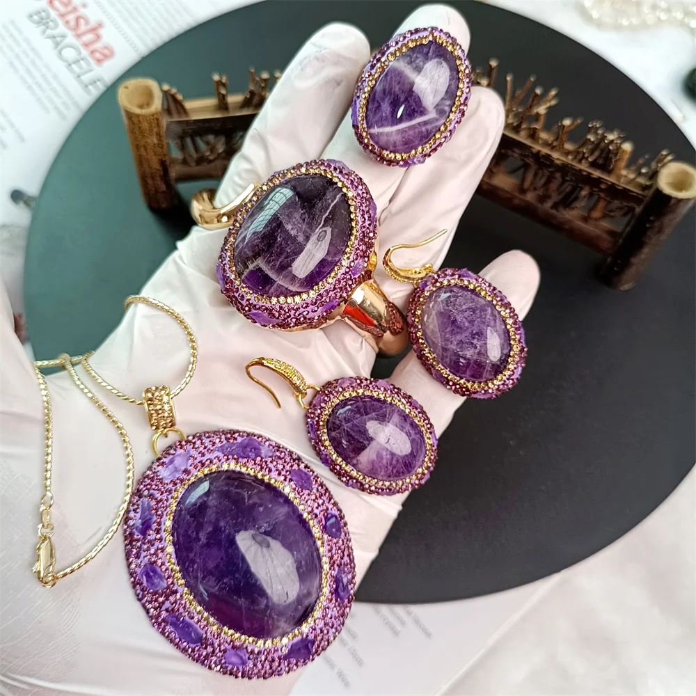 Natural amethyst Necklace Bracelet Ring Earrings Women Set Noble Luxury Fashion Personality Popular Lady Banquet Wedding Jewelry