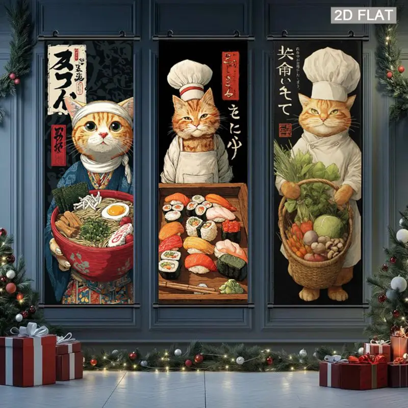 VIKAMA Orange Cat Chef Sushi Wall Tapestry Japanese Noodle Vegetable Scroll Art Home Decor Retro Style Soft Durable Cozy Gift